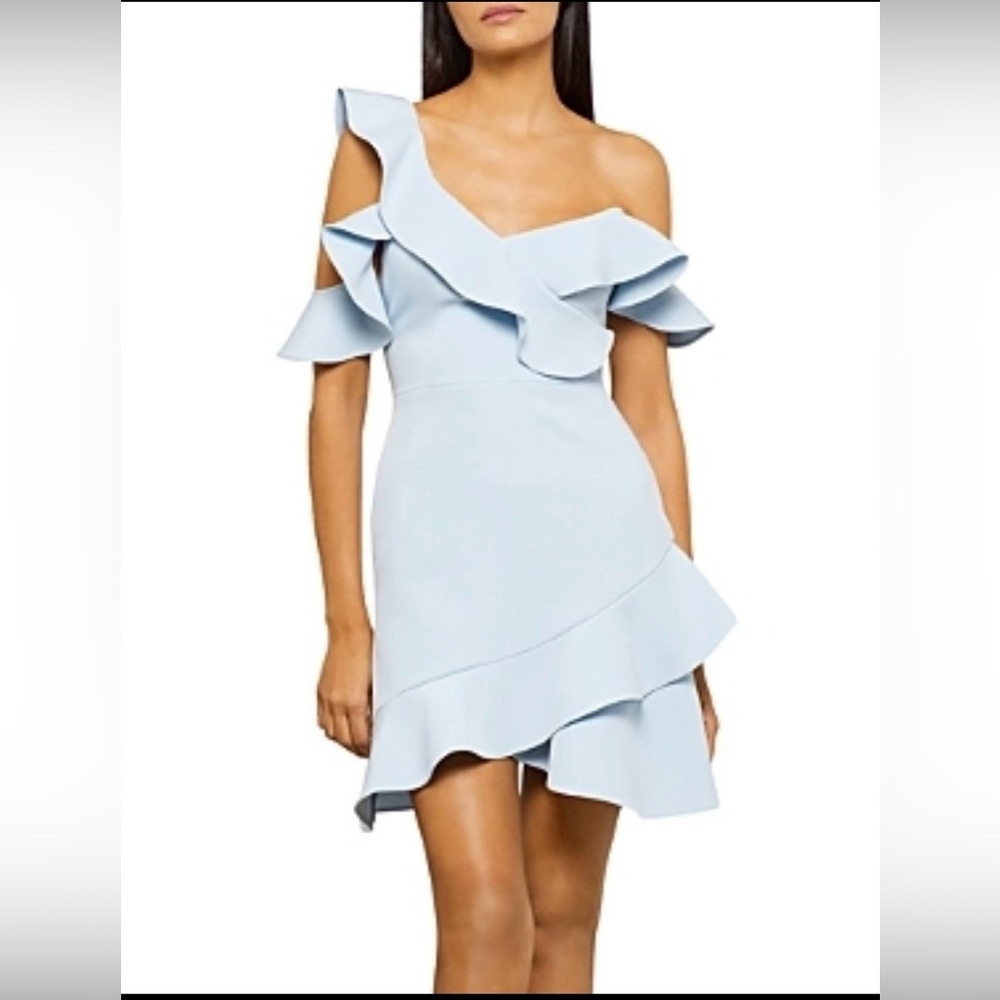 BCBGMaxAzria Light Blue One-Shoulder Ruffle Mini Dress